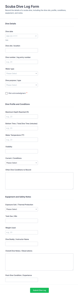 Scuba Dive Log Form Template