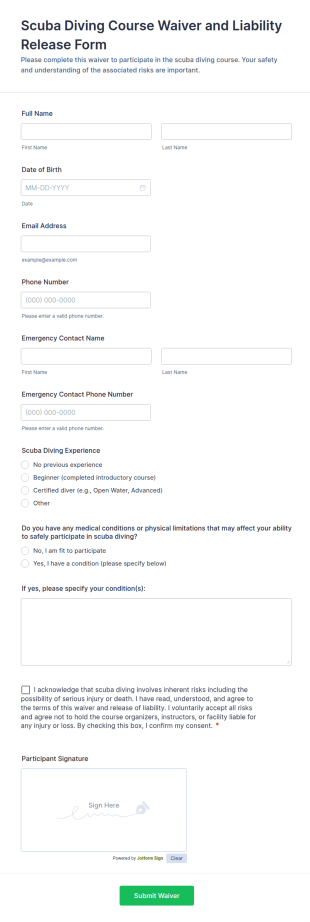 Scuba Diving Course Waiver And Liability Release Form Template