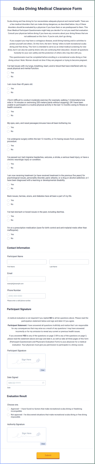 Scuba Diving Medical Clearance Form Template