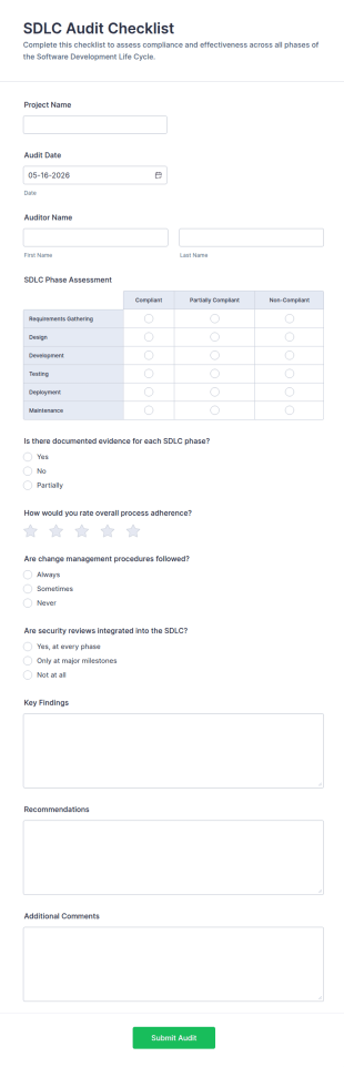 SDLC Audit Checklist Form Template