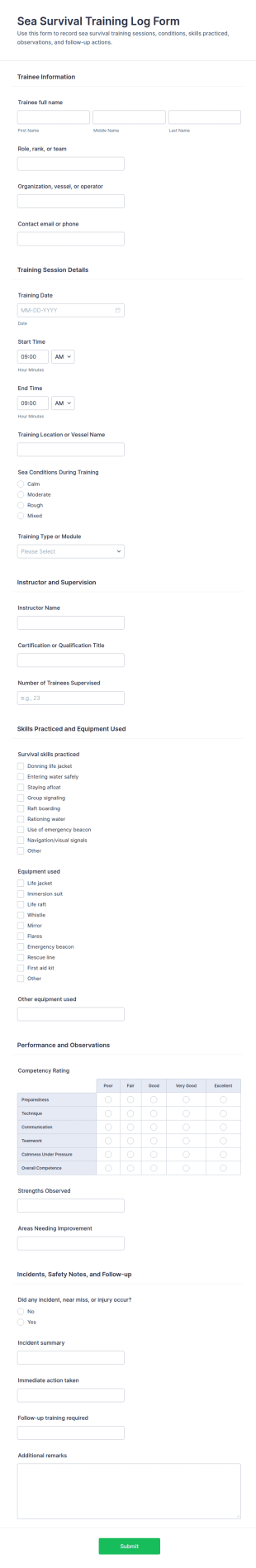 Sea Survival Training Log Form Template