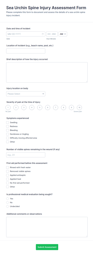 Sea Urchin Spine Injury Assessment Form Template