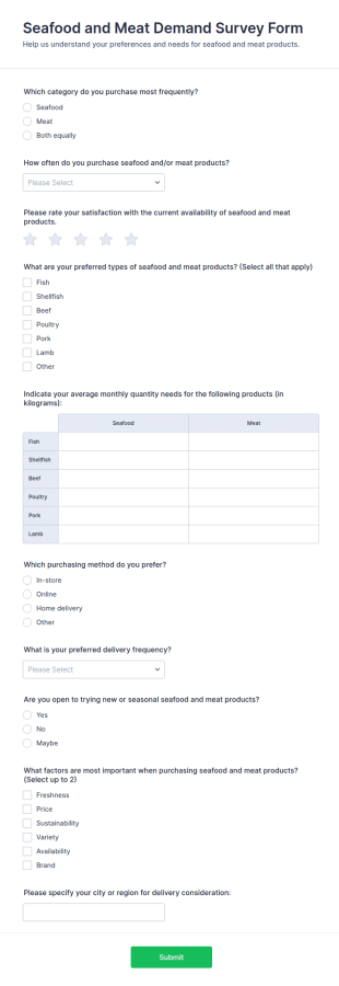 Seafood And Meat Demand Survey Form Template