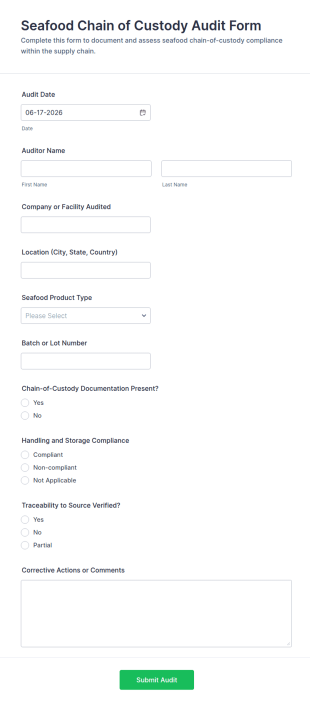 Seafood Chain Of Custody Audit Form Template