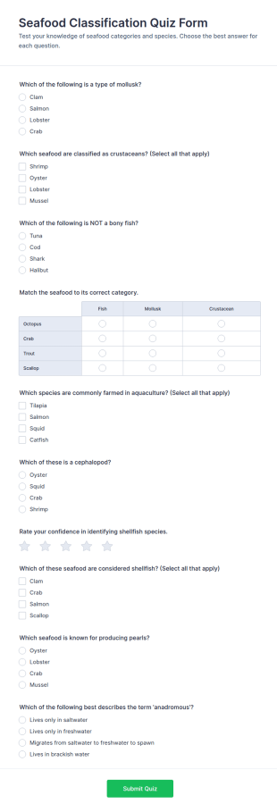 Seafood Classification Quiz Form Template