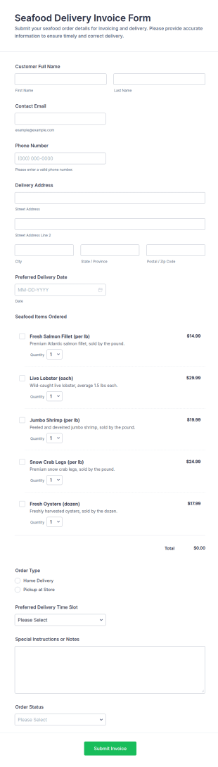 Seafood Delivery Invoice Form Template
