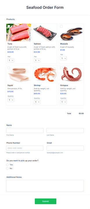 Seafood Order Form Template