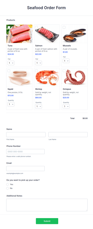 Seafood Order Form Template