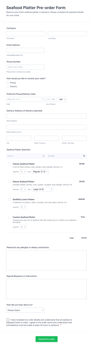 Seafood Platter Pre Order Form Template