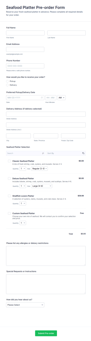 Seafood Platter Pre Order Form Template
