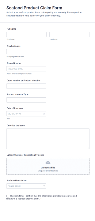 Seafood Product Claim Form Template