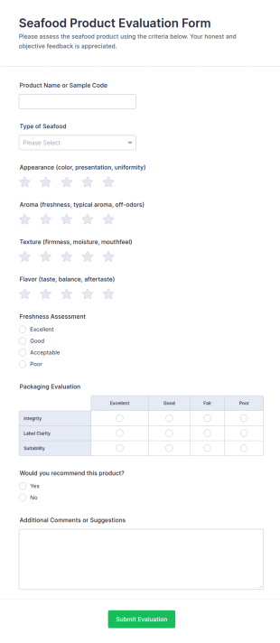 Seafood Product Evaluation Form Template