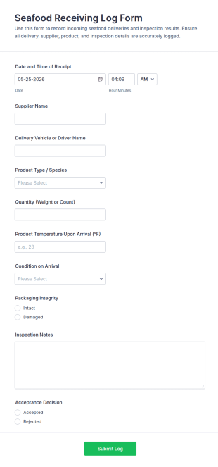 Seafood Receiving Log Form Template