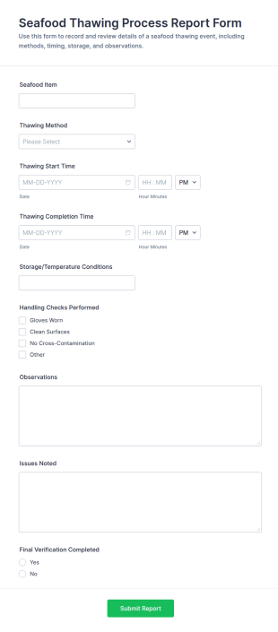 Seafood Thawing Process Report Form Template