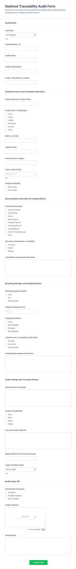 Seafood Traceability Audit Form Template