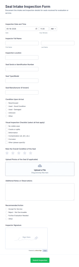 Seal Intake Inspection Form Template