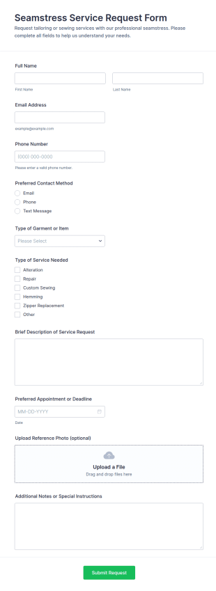 Seamstress Service Request Form Template