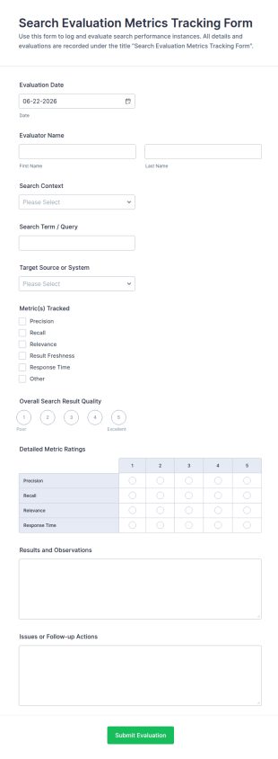 Search Evaluation Metrics Tracking Form Template