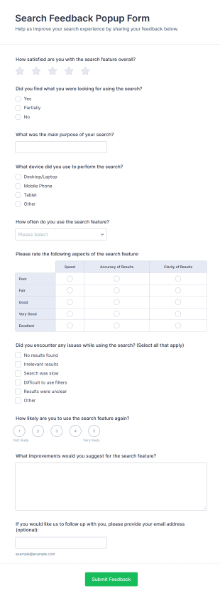 Search Feedback Popup Form Template