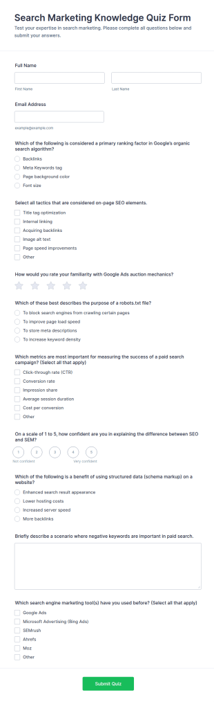 Search Marketing Knowledge Quiz Form Template