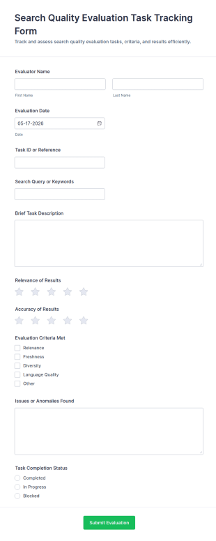 Search Quality Evaluation Task Tracking Form Template