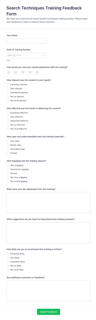 Search Techniques Training Feedback Form Template