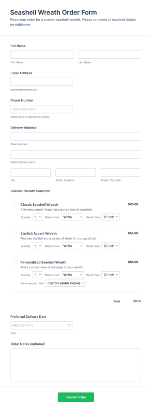 Seashell Wreath Order Form Template