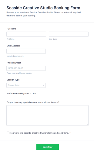 Seaside Creative Studio Booking Form Template
