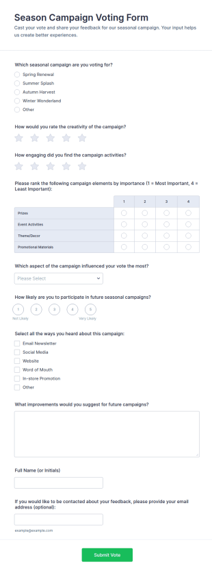 Season Campaign Voting Form Template