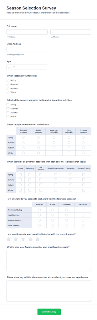 Season Selection Survey Form Template