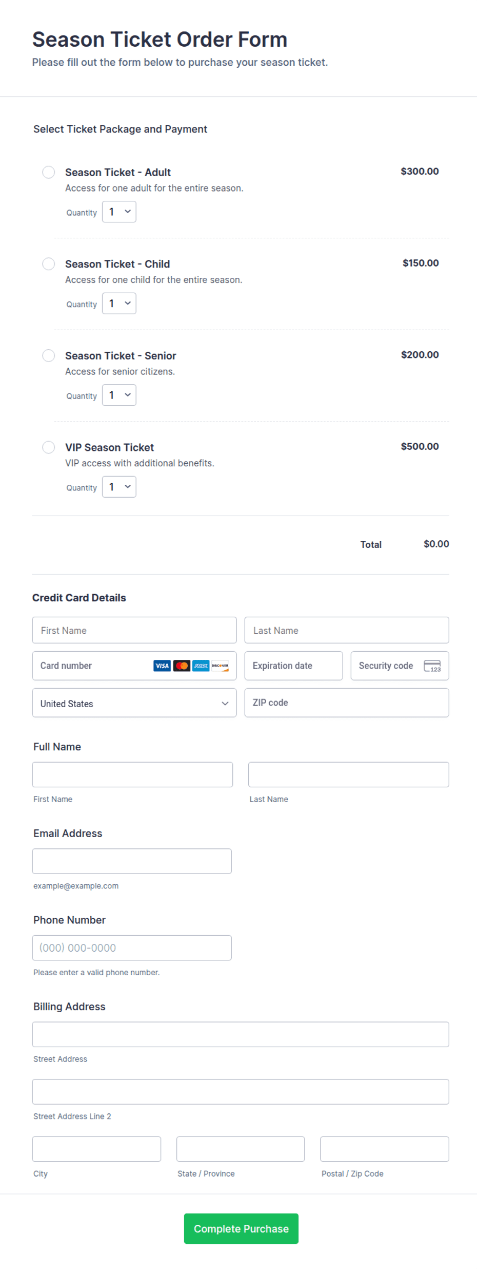 Season Ticket Order Form Template | Jotform