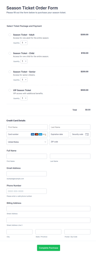 Season Ticket Order Form Template