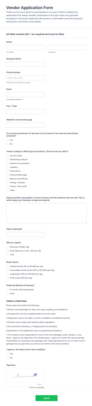 Seasonal Art And Craft Market Vendor Application Form Template