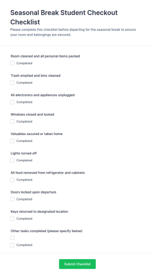 Seasonal Break Student Checkout Checklist Form Template
