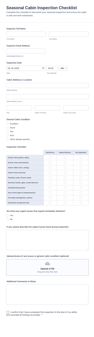 Seasonal Cabin Inspection Checklist Form Template