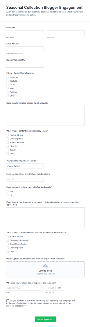 Seasonal Collection Blogger Engagement Form Template