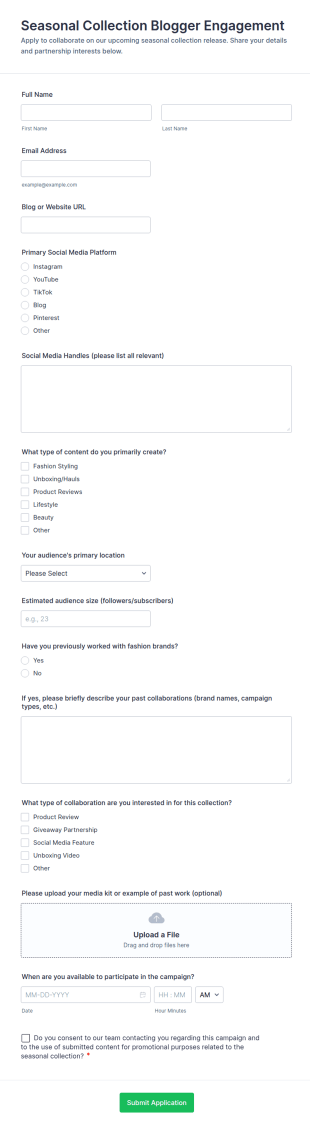 Seasonal Collection Blogger Engagement Form Template