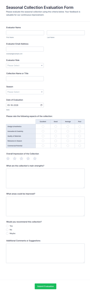 Seasonal Collection Evaluation Form Template