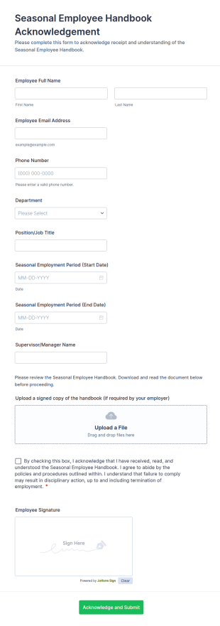 Seasonal Employee Handbook Acknowledgement Form Template