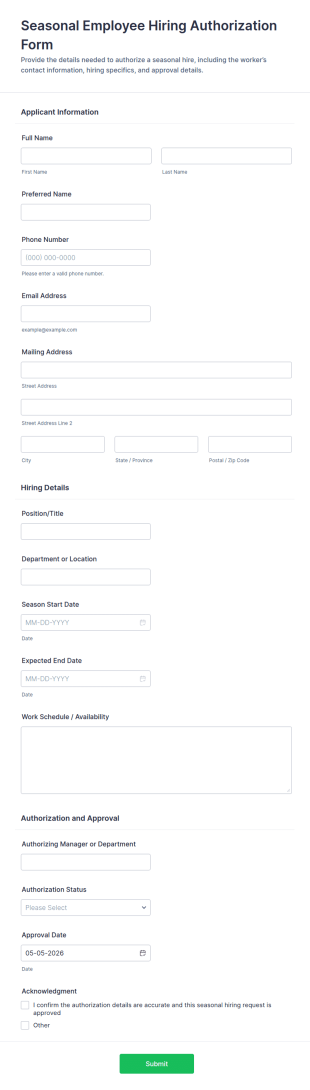 Seasonal Employee Hiring Authorization Form Template