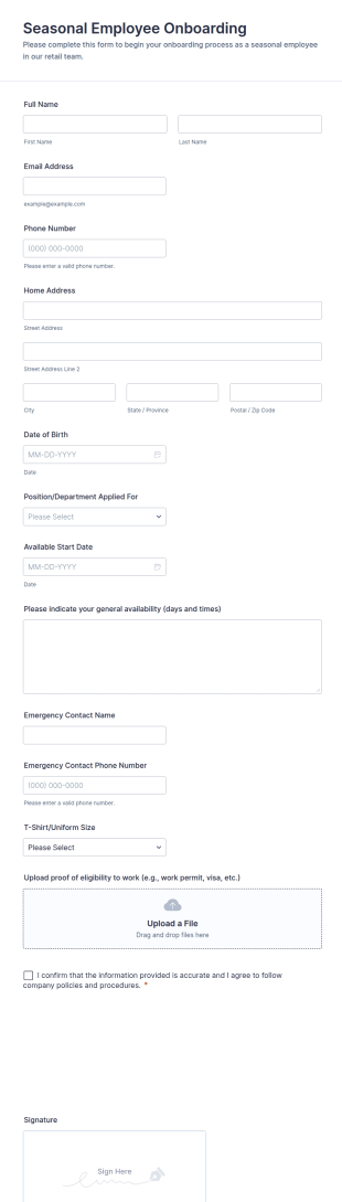 Seasonal Employee Onboarding Form Template