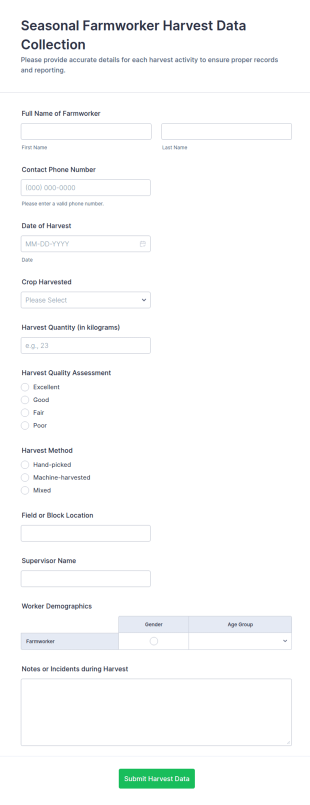 Seasonal Farmworker Harvest Data Collection Form Template