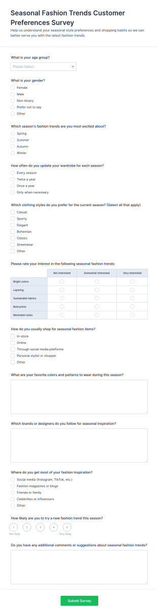 Seasonal Fashion Trends Customer Preferences Survey Form Template