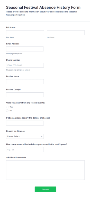 Seasonal Festival Absence History Form Template