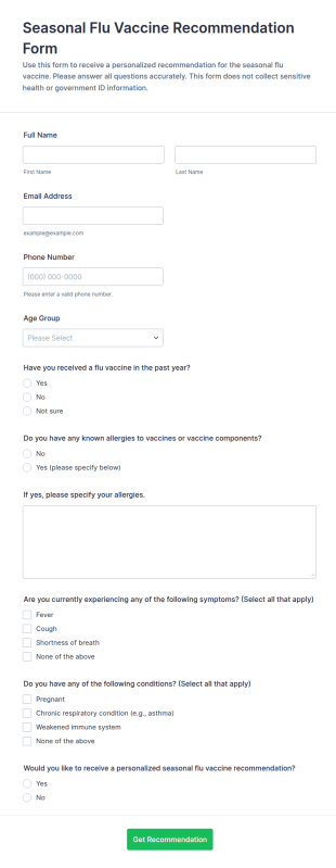 Seasonal Flu Vaccine Recommendation Form Template