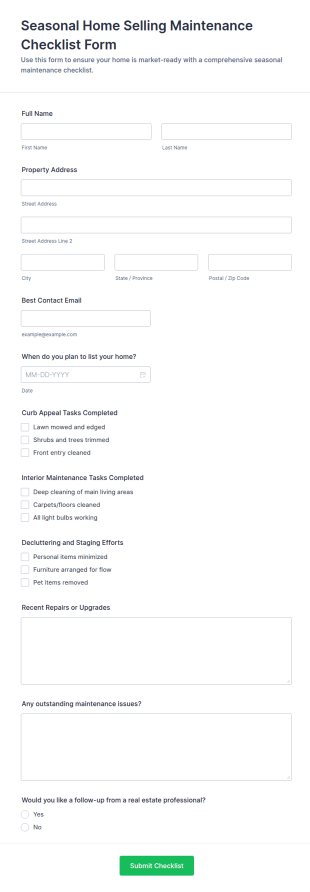 Seasonal Home Selling Maintenance Checklist Form Template