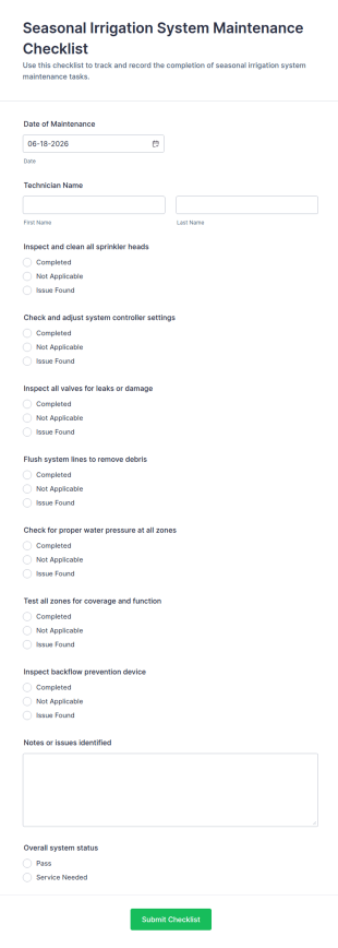 Seasonal Irrigation System Maintenance Checklist Form Template