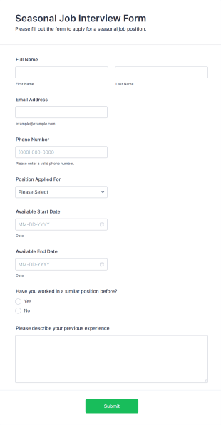 Seasonal Job Interview Form Template