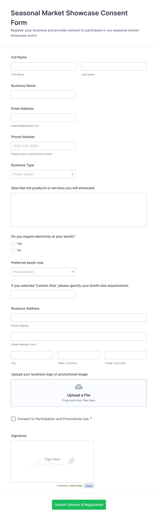 Seasonal Market Showcase Consent Form Template