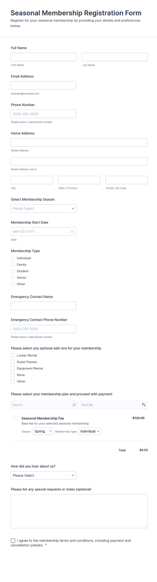 Seasonal Membership Registration Form Template